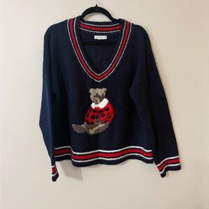 Gorgeous Navy Sweater with Bear Design, warm, size XL